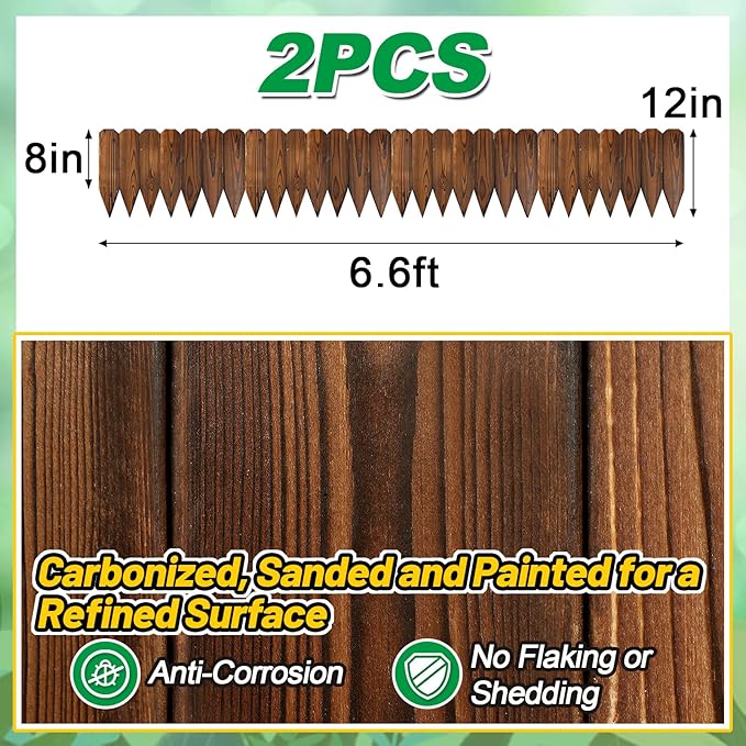 Rustic Pine Wood Garden Fence - 13.2ft Total Length (2pcs 6.6ft L*12in H) Easy to Install Sturdy Wooden Landscape Edging Border, No Fading Planter Fencing for Yard Flower Bed Lawns Pathway Tree