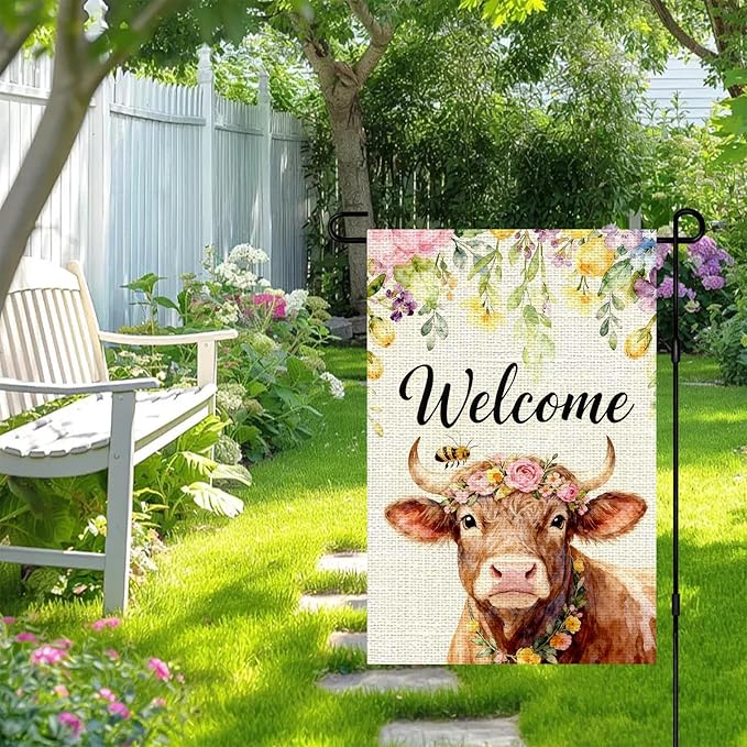 IVN Welcome Cow Spring Garden Flag 12x18 Inch Farmhouse Highland Cow Watercolor Floral Crown Bee Rustic Farmhouse Buffalo Front Door Burlap Double Sided Vertical Small Yard House Flag Seasonal Outdoor Decoration for Outside Home Lawn Porch Patio Spring...