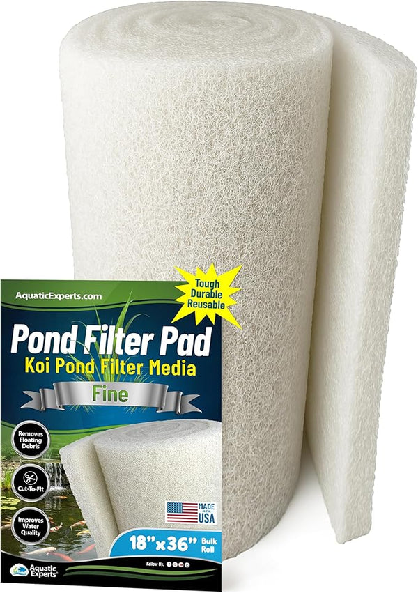 Aquatic Experts Classic Koi Pond Filter Pad FINE - White Bulk Roll Pond Filter Media, Ultra-Durable Pond Filters for Outdoor Ponds, Reusable Fish Pond Filter Material, USA, (18" x 36", Fine (White))