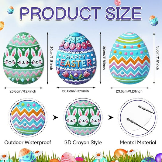 DoubleFill 3 Pcs Easter Decorations Outdoor 3D Metal Easter Eggs Yard Signs Decorative Garden Stakes Eggs Bunny Lawn Decorations Yard Decor for Spring Ornament Lawn Pathway Garden(Crayon Style)
