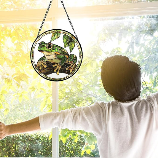 DASTOLL Stained Glass Window Hanging, Frog Green Leaf Sun Catchers Colorful Glass Panel Cool Suncatcher Decor for Birthday for Women, Men, Wife, Aunt, and Mom 6.3 in