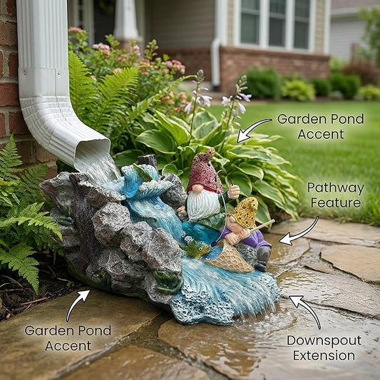 Gnome Statue Splash Block Gutter Downspout Extensions Garden Decor, Decorative of Gutters Downspout Rain Concrete Pond Splash Block, Elf Bro Downspout Statues with Waterwheel Accessory, 11.6"L x 6.9"W