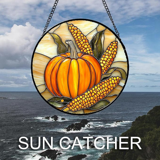 DASTOLL Stained Glass Window Hanging Autumn Harvest Pumpkin Corn 7.8" - Suncatcher Door Garden Kitchen Sunroom Sun Catcher Fall Home Decor Birthday for Mom Grandma Men Woman