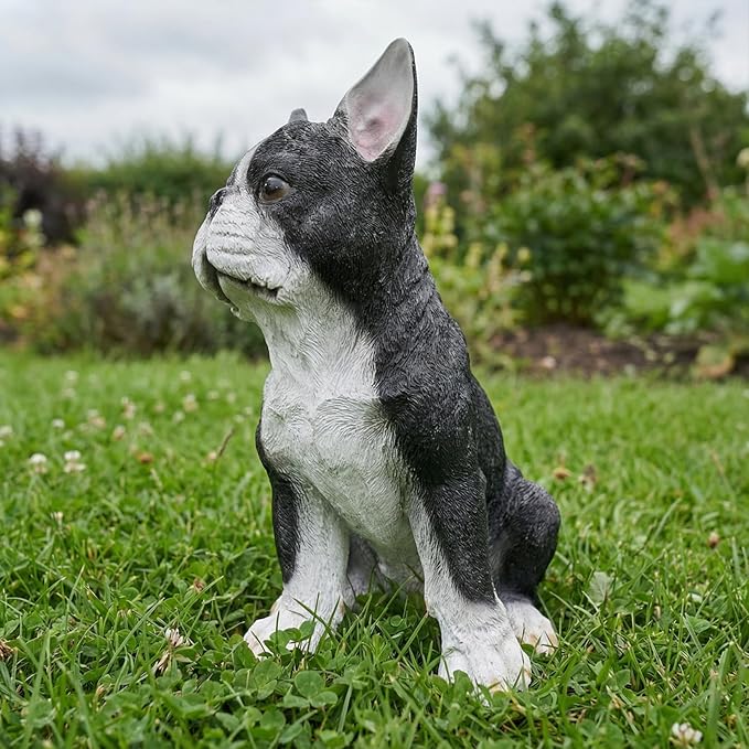 Elenon Dog Garden Statue Decorative for Yard, Black & White Sitting Bulldog Figurines Home Lawn Decor, Patio Kitten Tuxedo Statues Pets Memorial Ornament for Dog Lovers
