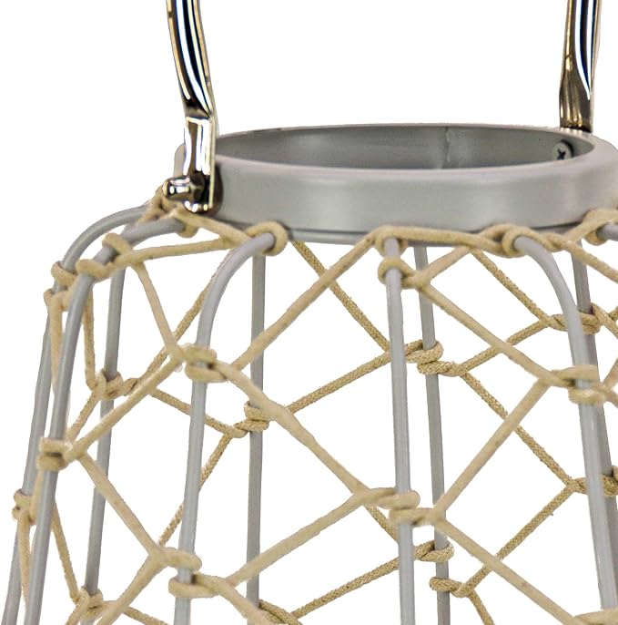Lantern Candleholder, Woven Rope Construction, Glacier Gray, Modern Design and Finish, Includes Metal Handle, 10 Inches