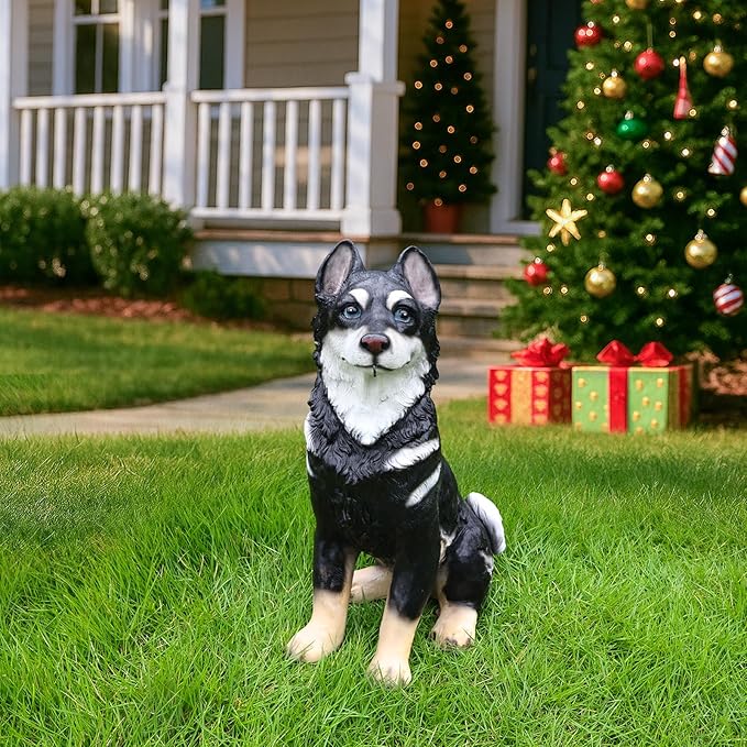Husky Dog Garden Statue with Solar Lantern, 14.2" Outdoor Resin Puppy Figurine with Welcome & On Patrol Sign, Waterproof Pet Sculpture for Patio Yard Porch Decor, Dog Lover Gift