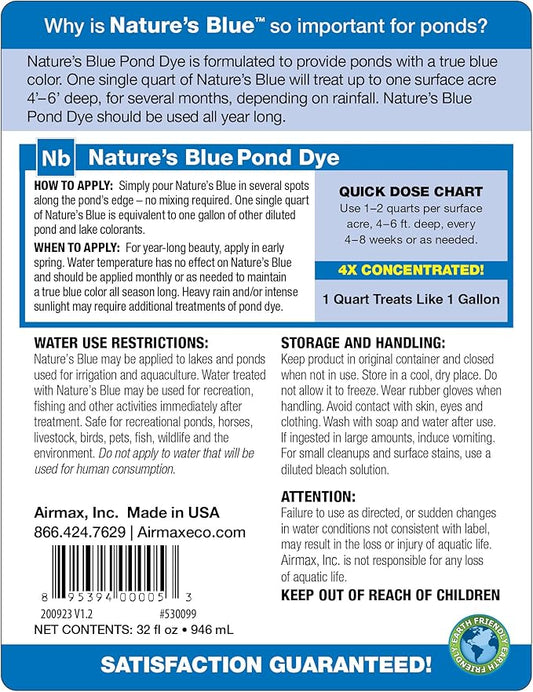 Airmax Nature's Blue Pond Dye 4X Concentrate for Outdoor Ponds & Lakes, Natural Pond Color & Beauty Enhancer, Swimming Safe Water Colorant, Easy Liquid Application, 1 Quart