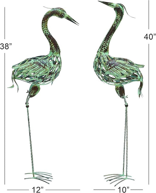 Deco 79 Metal Crane Decorative Garden Sculpture Indoor Outdoor Garden Statues, Set of 2 Outdoor Sculptures 40", 38"H, Green