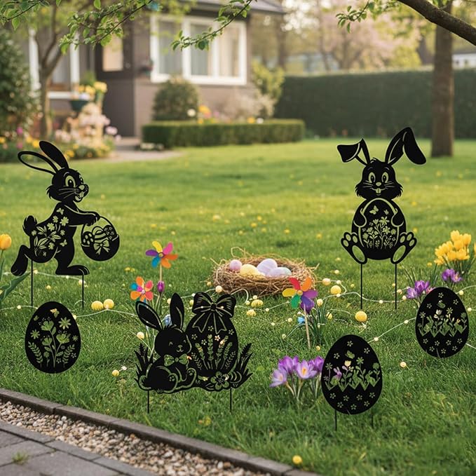 Rngmsi Metal Bunny Garden Decor, 6PCS Easter Rabbit Metal Yard Art Rabbit Silhouette, Happy Easter Bunny Egg Garden Stakes Yard Decorations for Lawn and Yard Flowerbeds Planters Patios Decor