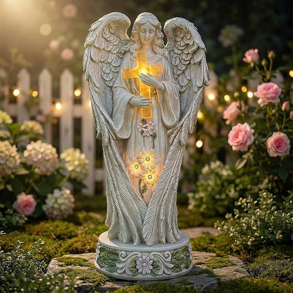 COWOS Angel Statue for Garden, Solar Angel Statue for Cemetery Decorations, Praying Angel Cross Memorial Statue, Memorial Garden Figurine Gift
