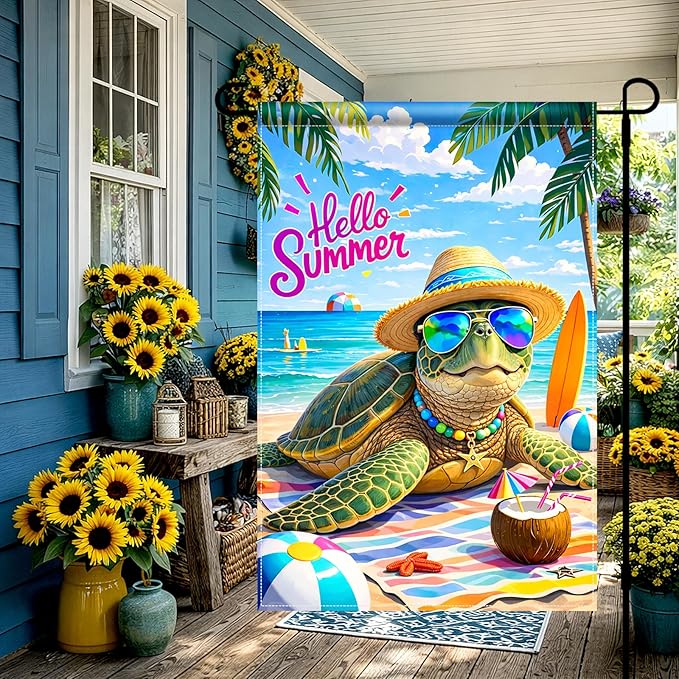 BlissYard Hello Summer Sea Turtle Garden Flag 12x18 Double Sided Vertical Outdoor Decor Beach Ocean Tropical Yard Garden Lawn Patio Welcome Banner