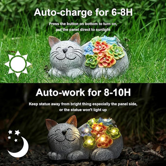 Otdair Solar Cat Decor, Birthday Gifts for Women with Succulent and 7 LED Lights, Christmas Gifts for Mom, Seniors, House Warming New Home Garden Decor for Cat Lover