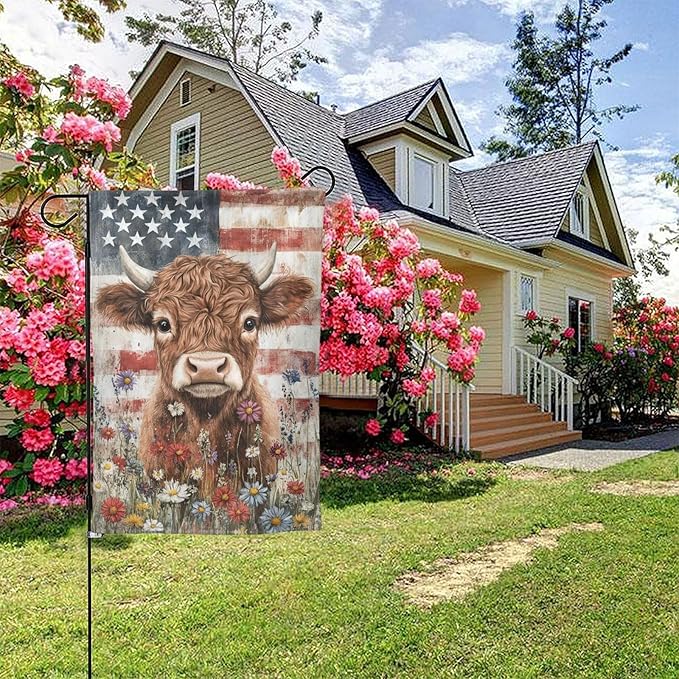 Wildflowers Highland Cow Garden Flags 12×18 Inch American Flag Double Sided Decorative Yard Banner for Outdoor Outside Decor