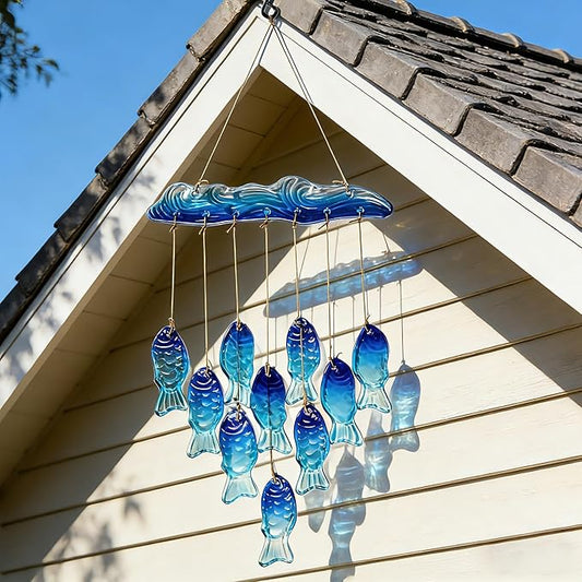 H&D HYALINE & DORA 21 Inch Blue Sea Glass Wind Chimes for Outside Blown Glass Fish Windchime Outdoor Decor for a Harmonic Porch, Patio & Garden