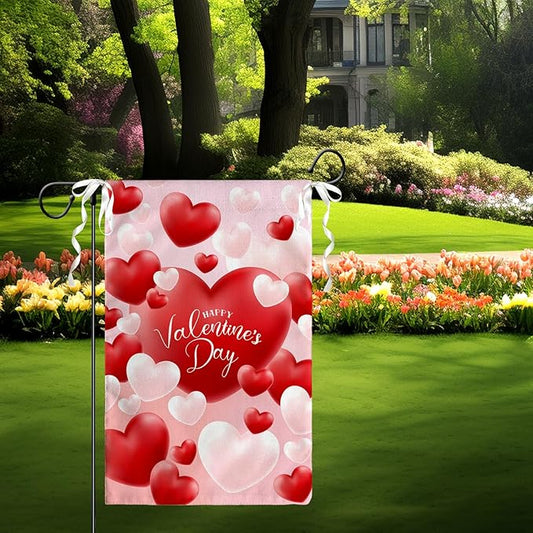 Happy Valentine's Day Garden Flag Red And White Love Hearts Yard Flag 12 x 18 Inch Love Combination Valentine Garden Flags Double Sided Polyester Vertical House Banner for Holiday Wedding