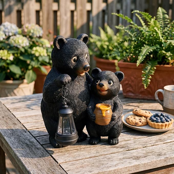Lavezee Garden Bear Statues, Mother and Baby Bear Figurines with Solar Lantern for Outdoor Porch Yard Lawn, Unique Bear Gifts for Mom Grandma Women