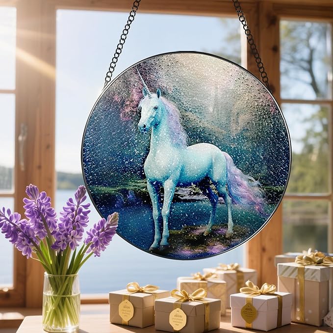 8โณ Stained Glass Window Hanging Ornament, Unicorn Stained Glass Suncatcher Ornament, Sun-Catcher Window Decor | Christmas & Birthday Gifts, Festival Gift | Gifts for Women & Her