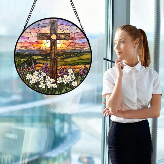 DASTOLL Christian Gifts for Women - Cross Stained Glass Window Hanging Easter Wildflower Sunset Scenery Sun Catcher Garden Religion Decor Mother's Day Catholic Gift for Men Grandma Nana Her 7.8"