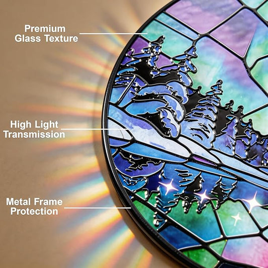 Stained Glass Window Hanging Suncatchers with Aurora Borealis 12.6", Winter Landscape Glass Panel with Metal Chain for Home Decor Gift for Women Mother's Day, Birthday, Men, and Mom