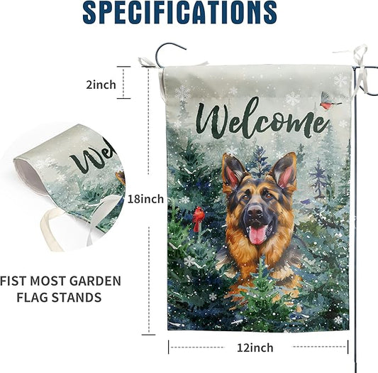 Welcome Winter Garden Flags German Shepherd Garden Flag Cardinal Birds on Snowy Pine Tree Flag Dog Yard Flags for Outside 12x18 Double Sided Christmas Decorative