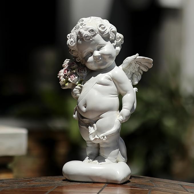 Garden Cupid Angel Statue with Pink Roses, White Cherub Figurine, Outdoor Indoor Decorative Sculpture