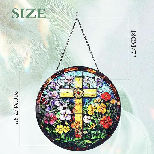 Cross & Wildflowers Stained Glass Window Hanging Suncatcher with Chain - 7.9" Outdoor/Indoor Art Decor for Home Garden, Thanksgiving, Wedding,Mother's, Valentine's & Christmas Ornaments Present