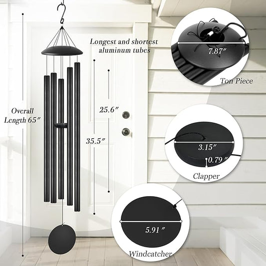 65" Extra Large Wind Chimes with Outside Deep Tone, 5 Thick and Bold Aluminum Tubes, Coolest Metal Windchimes Outdoors with Pine Wood Striker, Unique Gift for Mom, Garden Decoration(Black)