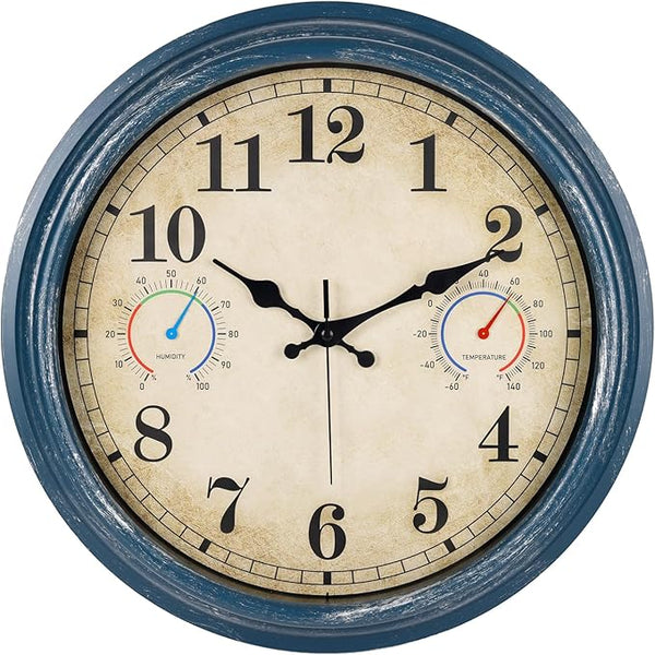 Large Outdoor Clock with Thermometer & Hygrometer Combo, 16 Inch Vintage Blue Coastal Decor Waterproof Indoor Outdoor Wall Clocks for Patio, Pool, Garden, Backyard