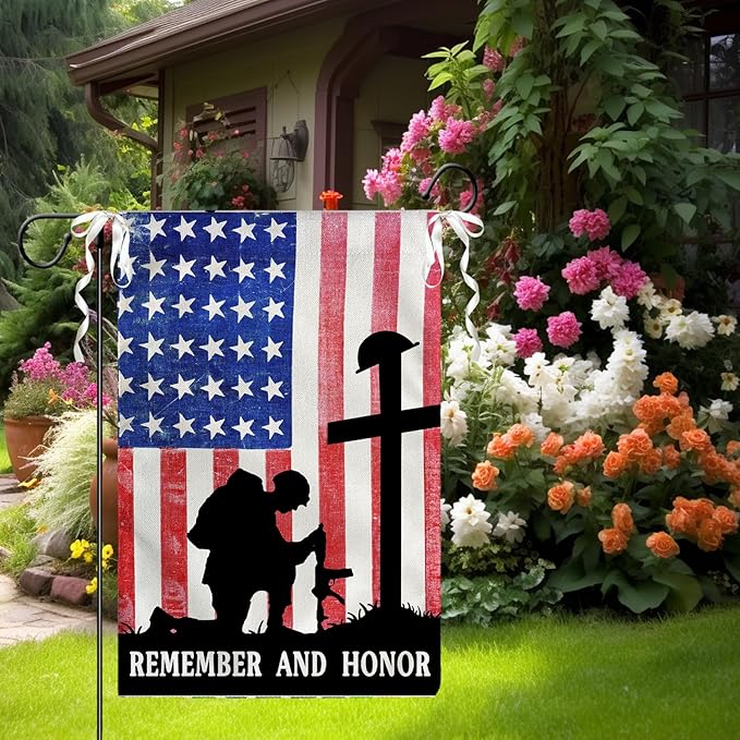 Memorial Day Garden Flags Veteran Soldier Patriotic Yard Flags American Flag Remember and Honor Cross Burlap Flag Independence Decorations for Outside 12 x 18 Double Sided