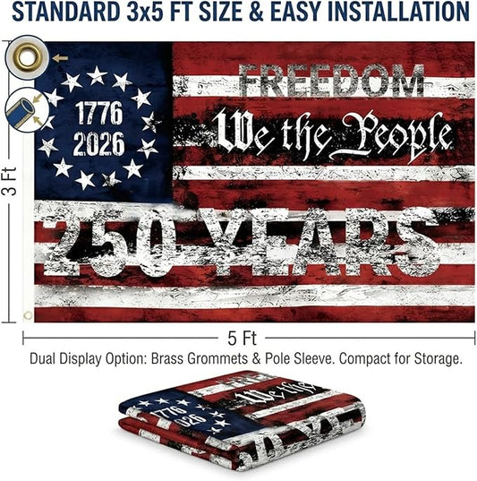 2PCS 250th Anniversary Flag 1.5x3 Ft Anniversary Flag, 1776-2026, 250 Years Birthday flags for Patriotic Yard, House Banner, Room, Porch, Wall, Fence, Outdoor Decorations(Style 3)