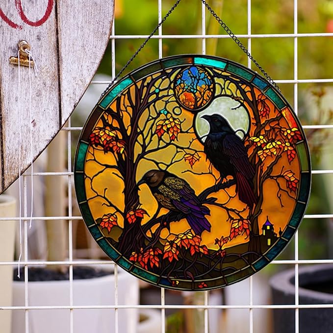 Crow Pattern Suncatcher Stained Glass,Hanging Stained Glass for Windows for Bird Lovers,20cm/7.87inch Sun Catcher Garden Hangings Ornaments Halloween Fall Christmas Decor for Home