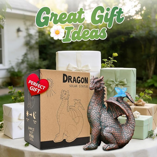 Nacome Solar Dragon Outdoor Statues for Garden: Outside Decor with Butterfly Clearance for Yard Art Lawn Ornaments Porch Patio Balcony Home House for Grandma Mom Women