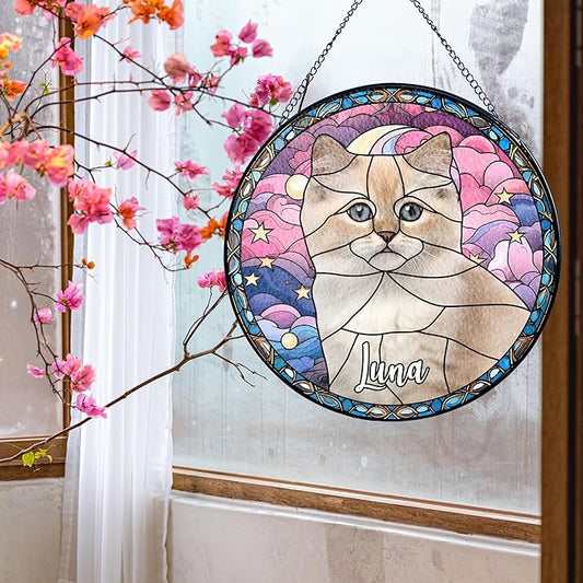 NAZENTI Personalized Cat Stained Glass Suncatcher, Memorial Keepsake Remembrance Gift for Fur Lovers, Custom Name Pet Photo Ornament Window Hanging, Home Decor, Sympathy Gift for Loss of Cat