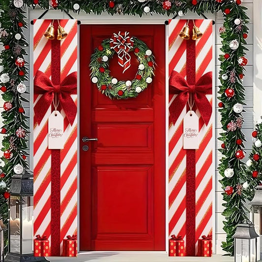 BlissYard Red White Christmas Porch Decorations 12x71 Inch Welcome Hanging Banner Porch Signs for Holiday Decor Gift Box Door Banners for Christmas Winter Home Porch Outdoor Decoration for Front Door