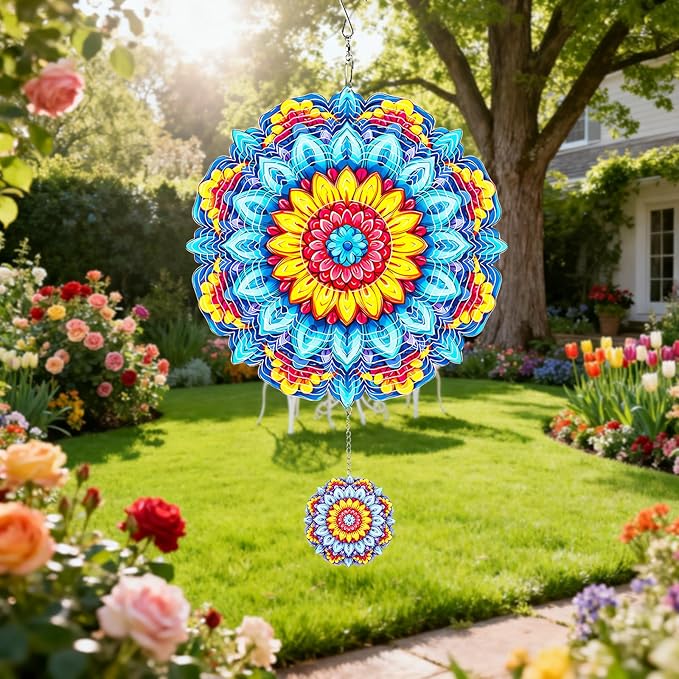 MXJSUA Mandala Flowers Wind Spinners for Indoor Outdoor Garden Decoration, 12 Inch Mandala Stainless Steel Hanging Wind Spinners Ornaments Crafts for Gifts