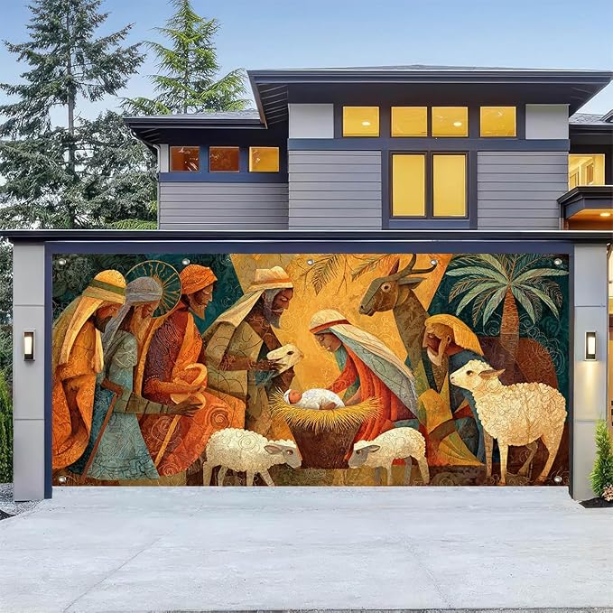 HOMETITUTE 13x6ft Nativity Scene Merry Christmas Garage Door Banner Polyester Large Outdoor Xmas Decoration with Baby Jesus Mary Shepherd Animals for Holiday Party Winter Yard Home Church Display