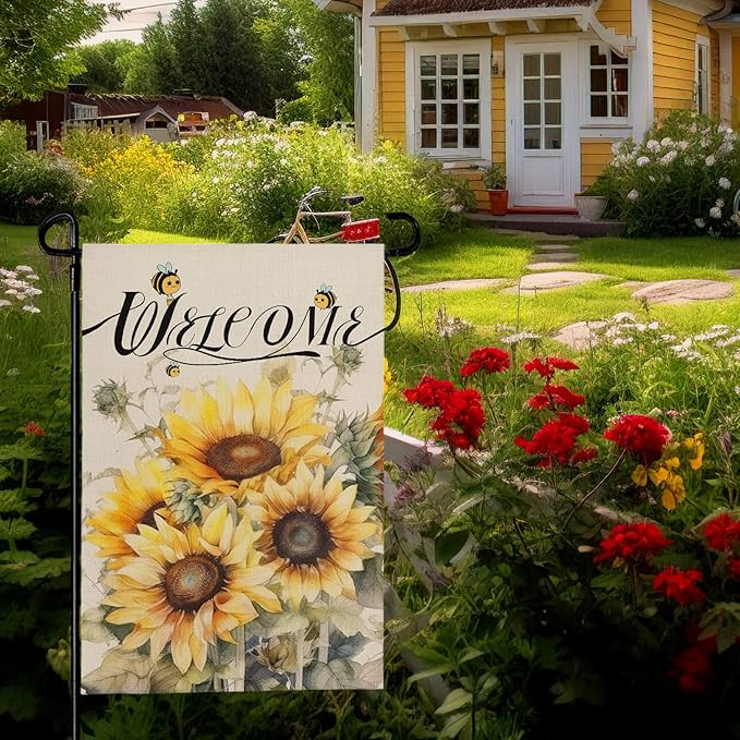 Summer Sunflower Garden Flag for Outside 12x18 Inch Double Sided Welcome Bee Vertical Seasonal Yard Flags Floral Holiday Party Yard Outdoor Decoration