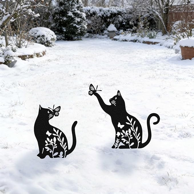 Set of 2 Metal Black Cats Decorative Garden Stakes, Cats Garden Art Decor Ornaments for Yard Lawn Patio Outdoor, Black Cat Sculpture Silhouette Statues, Cat Themed Gifts for Women & Cat Lover