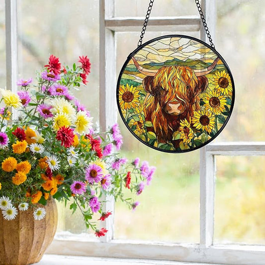 Highland Cow Decor, Sunflower Suncatchers Stained Glass Window Hanging, Western Highland Cow Flower Sun Catchers Indoor Window Glass Round Wall Decor 7.9x7.9in