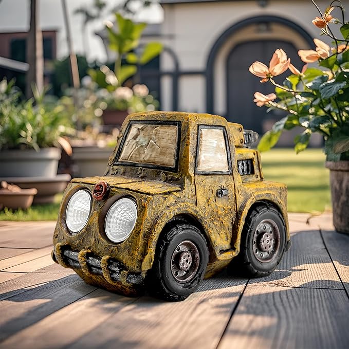 Etlemonde Garden Statue Outdoor Solar Car Decor with LED Light Vintage Resin Sculpture Truck Rustic Decoration for Lawn Patio Yard Gifts for Women