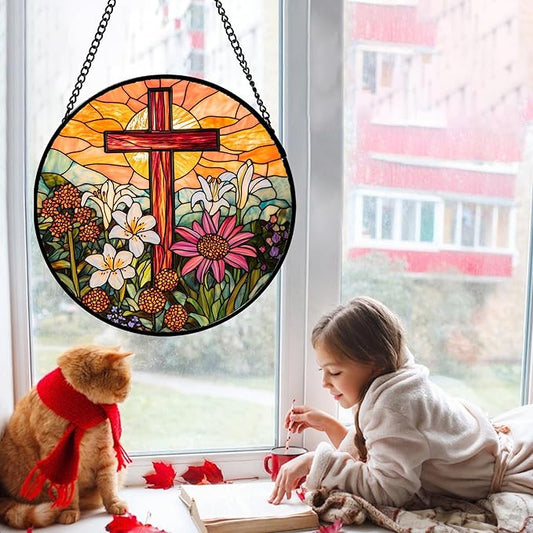 Christian Gifts for Women - Cross Stained Glass Window Hanging Easter Flower Sunset Landscape Sun Catcher Garden Religion Decor Mother's Day Catholic Gift for Men Grandma Mom Her Nana 15"