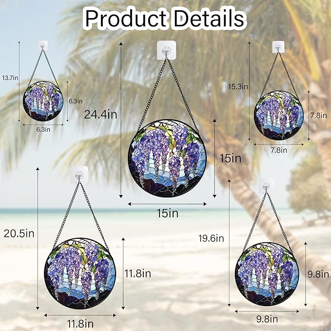 DASTOLL Stained Glass Window Hanging, Purple Wisteria Flowers Suncatcher for Doors Window Home Plant Sun Catchers Decoration Mother's Day Birthday Gifts for Women, Men, and Mom 11.8x11.8 in