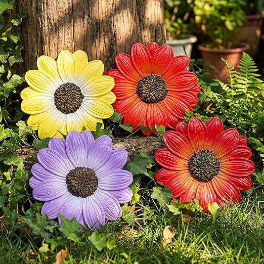 Cinnvoice 6 Pack Daisy Garden Stepping Stones Outdoor - 10 Inch Resin Decorative Stone for Garden Walkway Patio Landscaping Yard Decor