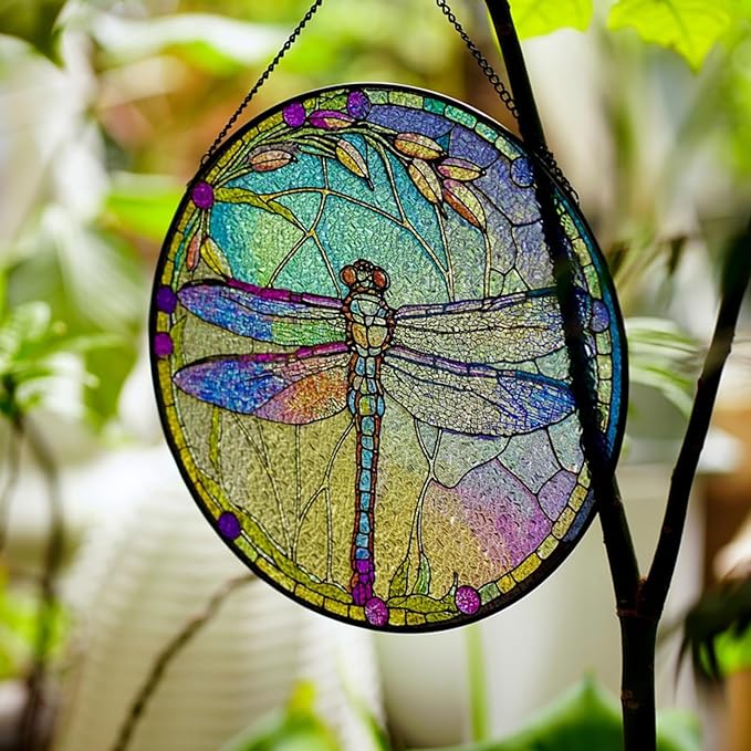 Dragonfly Stained Glass Suncatcher Artistic Window Hanging,7.8” Hand-Painted Glass Panel Wall Home Decor,Gift for Women Garden Decor Suncatcher (Dragonfly)
