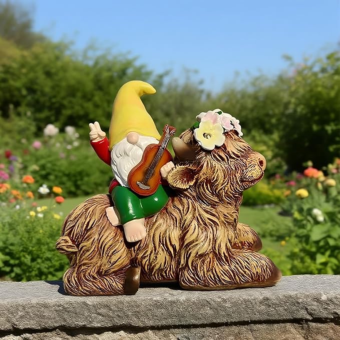 Spring Garden Paly The Violin Gnome Highland Cow Solar Statues, Summer Gnome Outdoor Resin Sculpture Decor for Home Table Patio Lawn Yard Porch Balcony, Housewarming