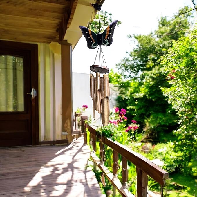Butterfly Bamboo Wind Chime – Handcrafted 39” Hanging Outdoor Windchime with Colorful Carved Wood Topper & Relaxing Sound – Natural Bamboo Garden Décor for Porch, Patio, or Balcony