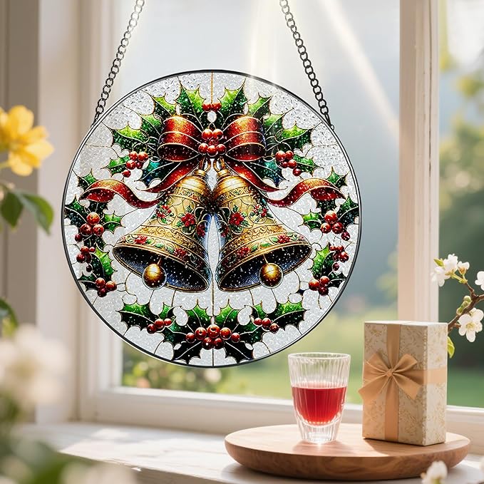 Stained Glass Window Hanging, Pauyadu Sun Catchers Indoor Window, Bells Christmas Suncatcher, Christmas Home Decor, Festive Gifts for Friends, Neighbor - 8 Inch