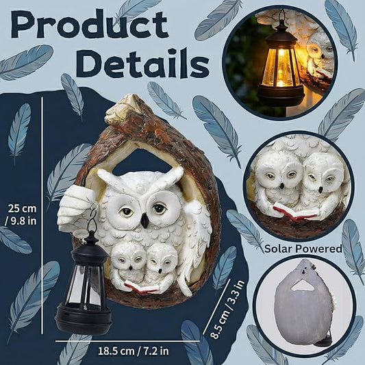 Solar Owl Family Reading a Book Wall Sculptures Outdoor Garden Decor Waterproof Resin Statue for Yard Patio Fence Tree Art Ornaments Home Decorations with Hanging LED