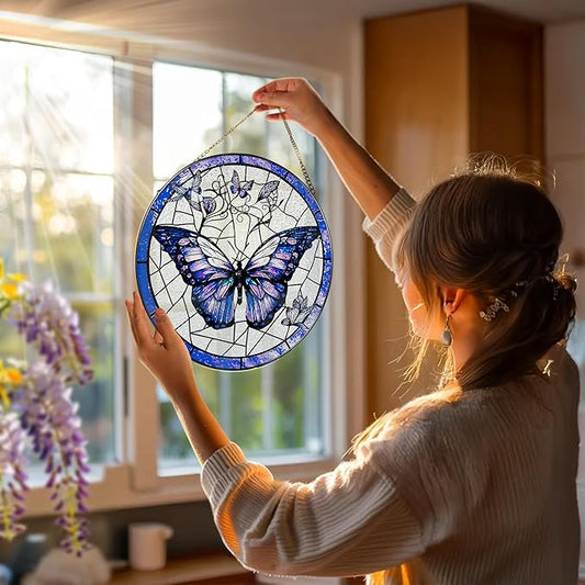 Stained Glass Window Hanging, 8 Inch Purple Butterfly Stained Glass Suncatcher, Butterfly Light Catcher, Window Hanging Decor, Gifts for Mother's Day, Christmas, Birthday, Gifts for Women Mom Grandma