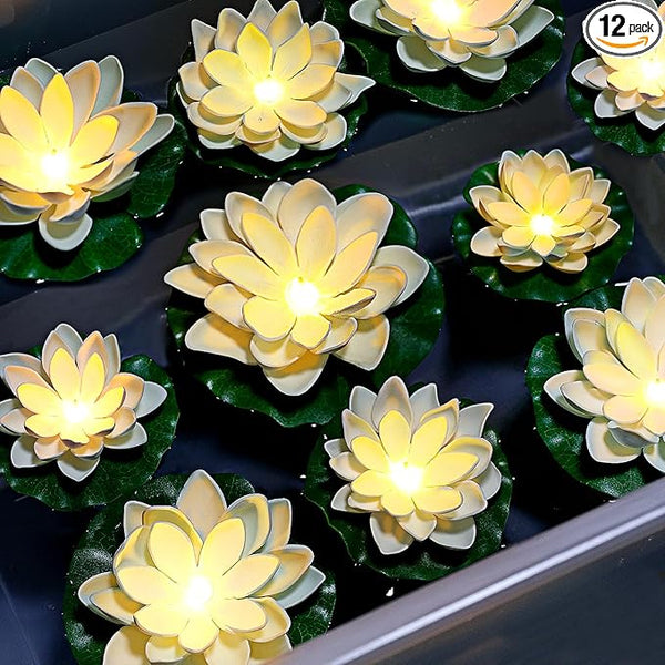 12PCS Waterproof Floating Lotus Light, 5’’+ 6’’ Floating Lily Lights Water Activated Artificial Flowers Battery Operated Warm White Light for Wedding Pool Anniversary Garden Decor
